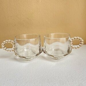 Glass juice glasses with bubble handles and square base vintage set of two clear
